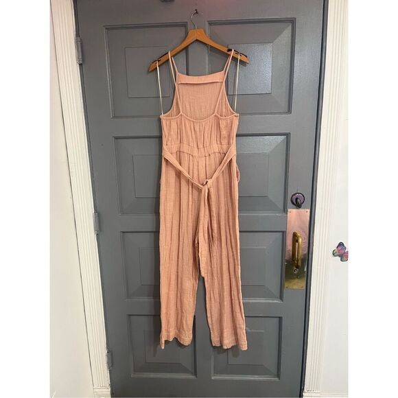 Zara Gauze Cotton Peach Backless Jumpsuit Waist Tie Spaghetti Straps Pockets Sz - Picture 4 of 7